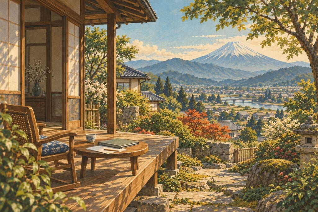 富士山を望む日本家屋の縁側と、住宅購入の準備を表す机上の書類を描いたイラスト